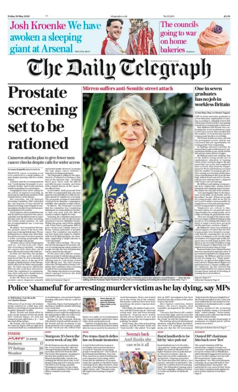 "Prostate screening set to be rationed" reads the headline on the front page of the Daily Telegraph.