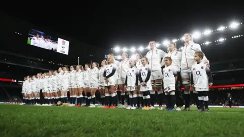 Getty Images England team line up before match at Twickenham Stadium