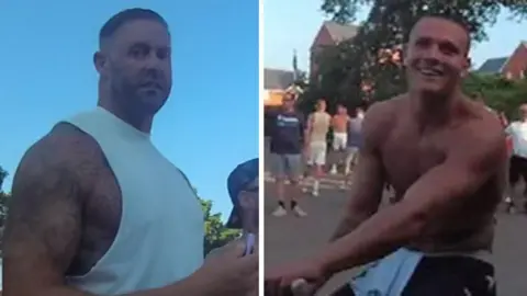 Hampshire Constabulary Composite image of two men. One is wearing a white vest and has tattoos on his arm. The other is wearing no shirt and is smiling towards the camera