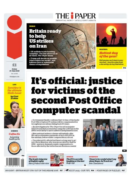 The headline on the front page of the i Paper reads: "It's official: justice for victims of the second Post Office computer scandal".
