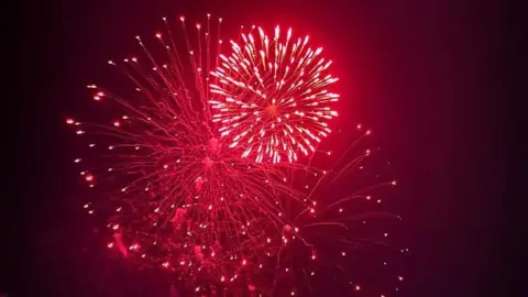 A firework explodes in the sky, producing bright red light