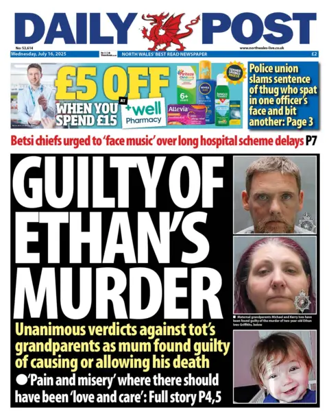 Daily Post Daily Post front page with headline "Guilty of Ethan's murder" and police custody shots of the toddler's grandparents as well an a photo of Ethan smiling