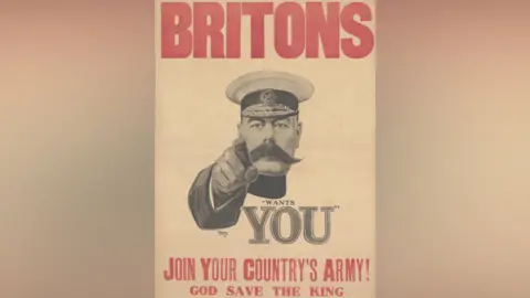 Getty Images A poster from about 1914 which says Britons. Join Your Country's Army! It features a portrait length depiction of Field Marshal Lord Kitchener, wearing a cap, his right hand raised to point towards the viewer, circa 1914. (Photo by Alfred Leete/ Imperial War Museums via Getty Images)