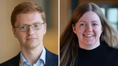 BBC Una imagen compuesta de Ross Greer, a la izquierda, y Gillian Mackay, a la izquierda. Greer tiene cabello y gafas de jengibre y lleva un traje y una camisa azules. Mackay tiene cabello justo y lleva un jersey negro. 