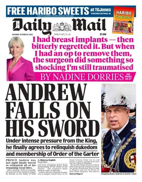 The headline on the front page of the Daily Mail reads: "Andrew falls on his sword."