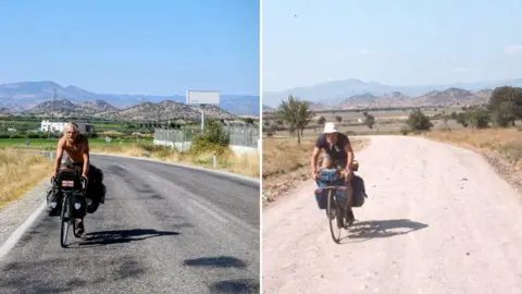 Jamie Hargreaves A composite of two images. One shows 23-year-old Jamie riding his bike on a road in Turkey. The right image shows his father in the same spot in 1984. The image of Jamie shows road signs, buildings and fencing in the background while the image of his father shows a less built-up landscape with no buildings in the background. 