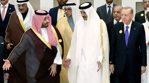  Close up of leaders posing at summit in Riyadh, including the Saudi crown prince and foreign minister