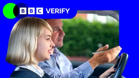A driving lesson taking place. The instructor is speaking while a young woman listens. The BBC Verify logo and colours are imposed over the image. 