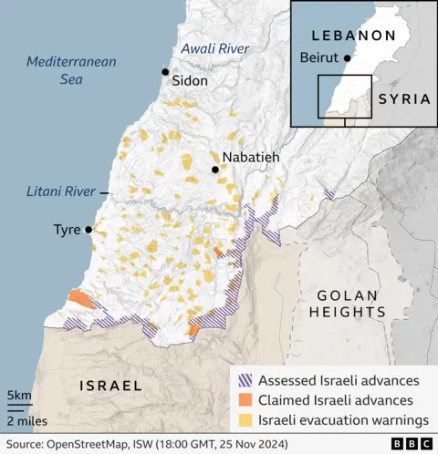 A map showing southern Lebanon and highlighting where Israeli forces have been operating along the border between the two countries. The map also shows where dozens of warnings have been issued to Lebanese citizens by Israeli forces telling them to leave their homes and move north. 