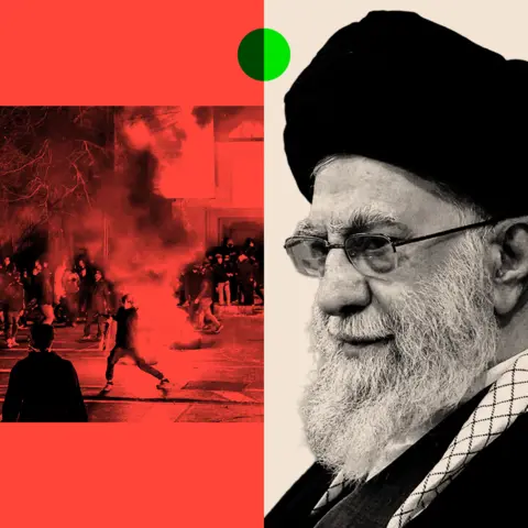 BBC Two images, the one on the left shows Iranians gather while blocking a street during a protest in Tehran, Iran and on the right is a black and white image of Iran's Supreme Leader Ayatollah Ali Khamenei