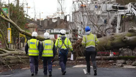 4 workers survey a fallen tree which lies across a black tarmac road. They all wear Hi-Viz jackets and helmets. There backs are to the camera, the man on the far right of the four has on a blue helmet, the other's are white. A white lorry lies, partially hidden, on the other side of the tree.