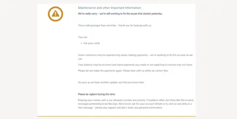 Message to customers on Barclays website