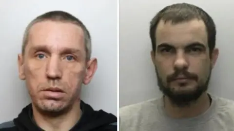 Police mugshots of two men, one of whom has greying cropped hair, the other of which has a brown hair and a beard.