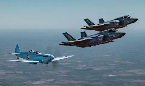 The replica K5054 is joined by two F35 Lightning IIs from RAF Marham