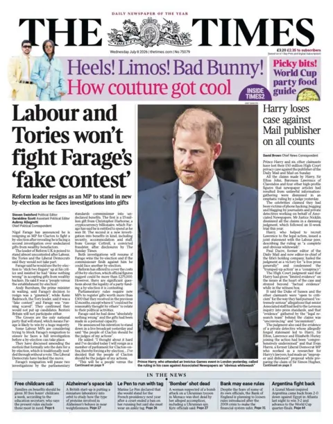 The headline on the front page of the Times reads: 'Labour and Tories won't fight Farage's "fake contest".'