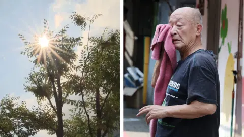 Composite image showing on the left sun shining through leaves on tree and on the right man wiping his face with pink towel