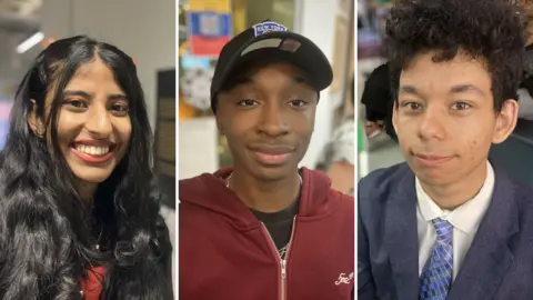A composite of three photos of young people. All three are looking into the camera. One is a young woman with long black hair, another is a young man in a hoodie and cap and the third is a young man in a blue suit and blue patterned tie. 