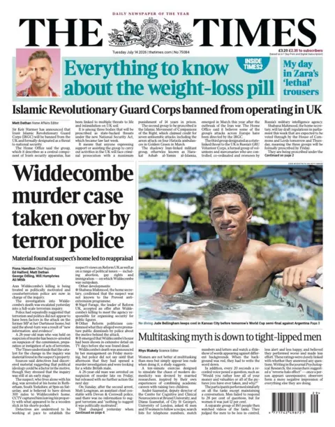 The headline on the front page of the Times reads: “Widdecombe murder case taken over by terror police”.