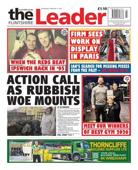 Flintshire Leader Front page of the Flintshire Leader shows main headline "Action call as rubbish woe mounts" next to an image of a woman standing in a garden next to a pile of filled black rubbish bin bags. Other headlines read: "When the reds beat Ipswich back in '95", "Firm sees work on display in Paris", "Ian's search for missing pieces from the past", "Meet our winners of best gym 2026".