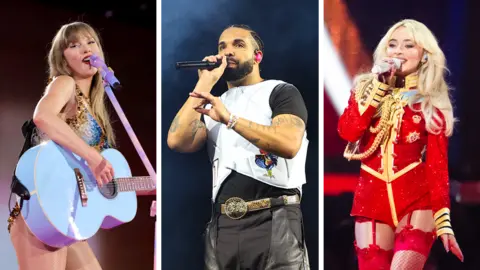 TAS Rights Management/ABA/WireImage via Getty Images Taylor Swift, Drake and Sabrina Carpenter