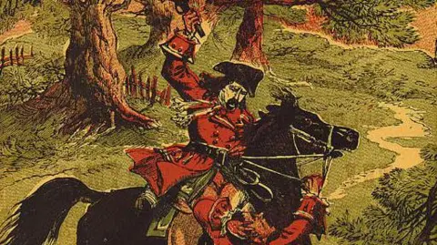 The cover art of a Penny Dreadful from the 1860s depicting Dick Turpin holding a pistol aloft while riding Black Bess while another man attempts to grab the horse's reins