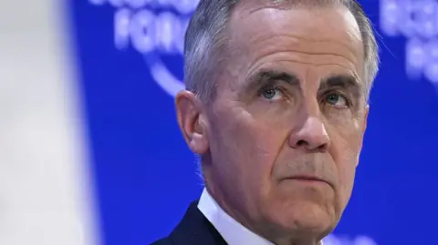 A close-up image of Canadian Prime Minister Mark Carney looking towards the left direction. He has blue eyes and short, grey hair. Behind him is a blue backdrop with a blurred out World Economic Forum logo.