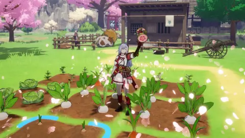 Marvelous An anime character stands in a farm. Surrounding them are crops of turnips. Behind is an old Japanese-style building, a sleeping cow and a person. There are trees and cherry blossoms. It is all animated in a Japanese style with bright vibrant colours.