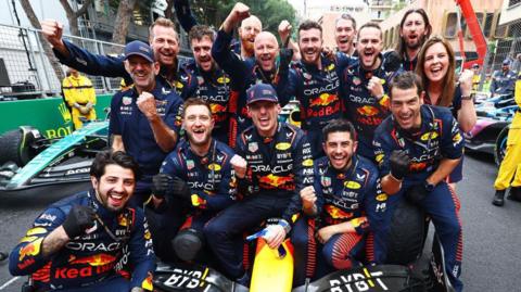 Max Verstappen and team-mates celebrate winning the 2023 Monaco Grand Prix