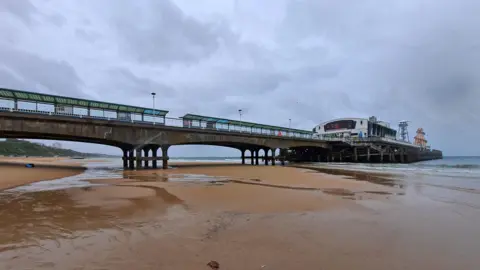 EvaDorset WEDNESDAY - Bournemouth Pier on a rainy day. The concrete pier sticks out into the sea at low tide. Overhead are grey clouds and it appears to have been raining. The wet sand on the beach and under the pier is empty. Under the end of the pier the sea is grey. At the end of the pier there is a theatre, a tower and a red and yellow striped helter-skelter. 