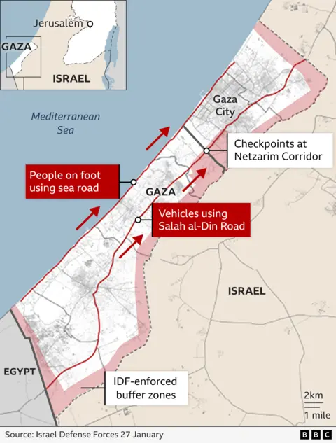 Peta yang menunjukkan zona penyangga Israel di dalam Gaza dan rute untuk pengungsi Palestina yang kembali ke utara (27 Januari 2025)