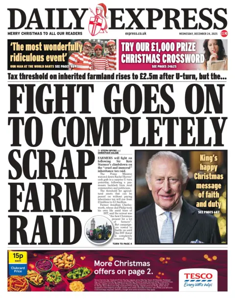 "Tax threshold on inherited farmland rises to £2.5m after U-turn, but the fight goes on to completely scrap farm raid" reads the headline on the front page of the Daily Express.
