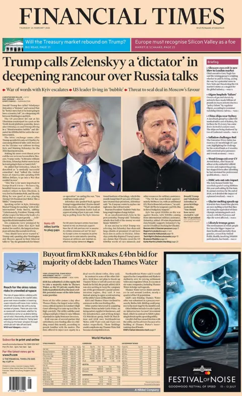 Financial Times headline reads: Trump calls Zelenskyy a 'dictator' in deepening rancour over Russia talks. 