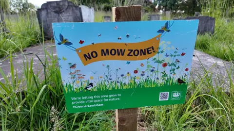 A colourful sign stuck into the ground which has overgrown grass and a gravestone behind