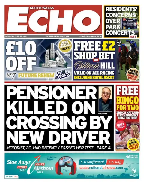 South Wales Echo South Wales Echo front page headline next to a photo of an old man: Pensioner killed on crossing by new driver; Motorist, 20, had recently passed her test.