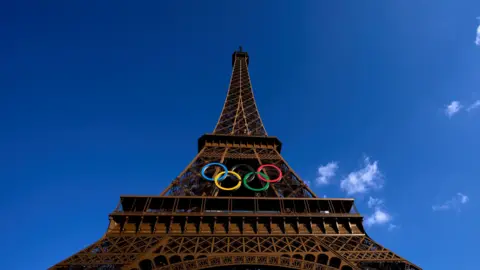 PA Eiffel Tower in Paris with Olympic rings