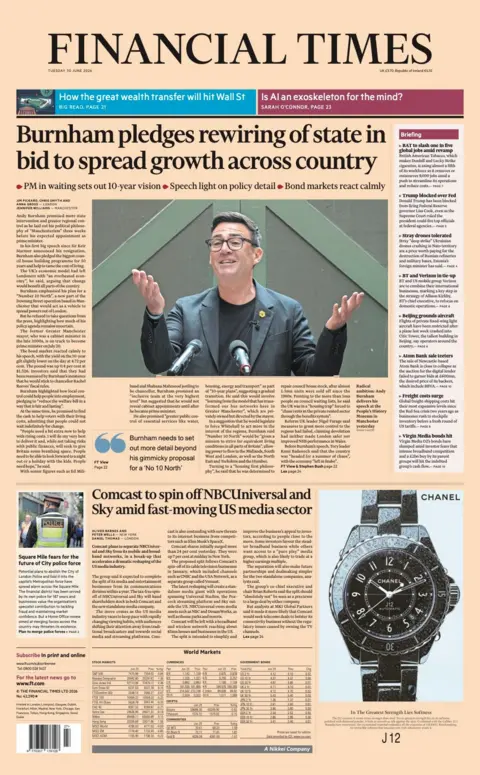 "Burnham pledges rewiring of state in bid to spread growth across country" reads the headline on the front page of the Financial Times.