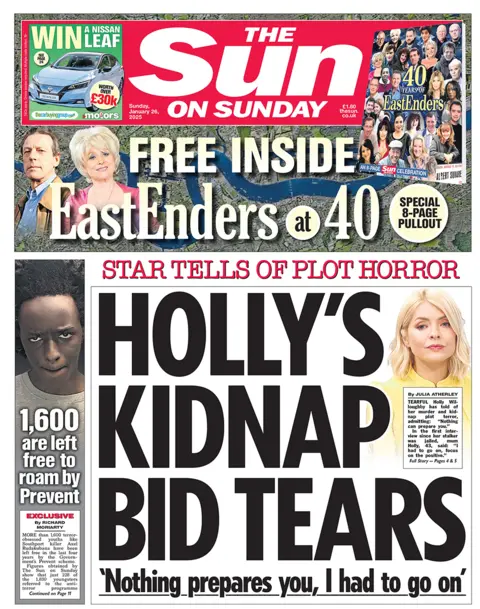 The headline in the Sun reads: "Holly's kidnap bid tears". 