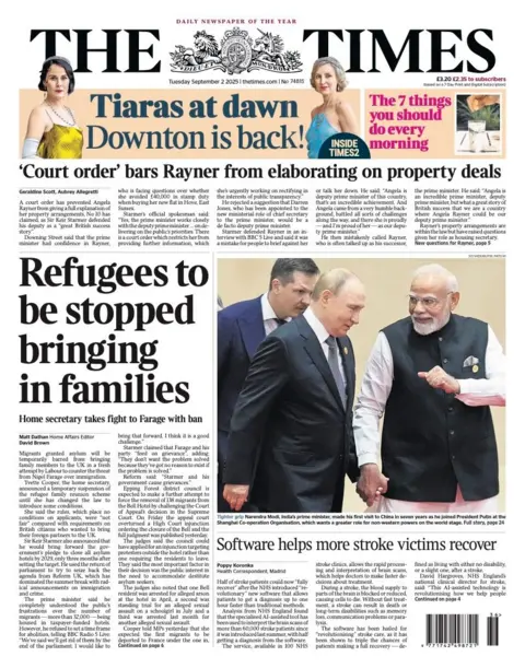 The headline on the front page of the Times reads: "Refugees to be stopped bringing in families".