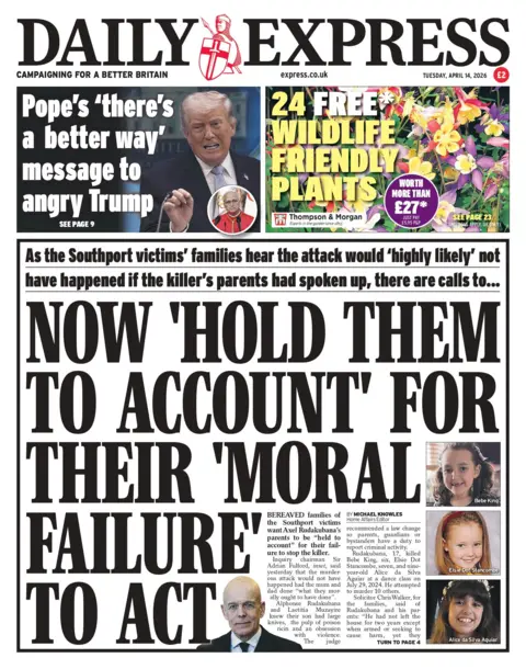 "As the Southport victims' families hear the attack would 'highly likely' not have happened if the killer's parents had spoken up, there are calls to... Now 'hold them to account' for their 'moral failure' to act," reads the headline on the front page of the Daily Express.