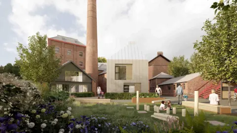 An artists impression of a residential development built on a former industrial site. A modern, light-beige building is the focal point, situated amidst older brick structures, including a prominent brick chimney. A landscaped garden with flowering plants and play features for children is in the foreground.