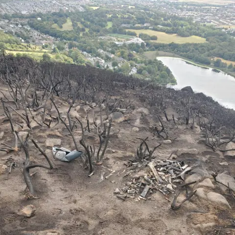 HES A pile of bones sit on the side of the hill. The hill has been badly damaged by fire, with just burnt branches sticking out of the scorched, bare earth. In the distance, down below, you can see trees and buildings and a loch.