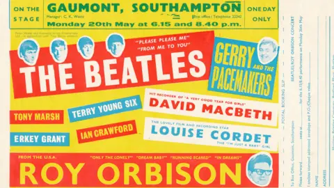 Mayflower Theatre Archive yellow, red and blue 1960s poster advertising The Beatles and other acts at The Gaumont Theatre in Southampton 