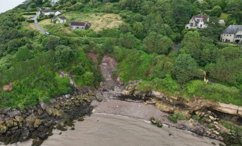An aerial shot of Ladye Bay near Clevedon showing the landslide area on the beach