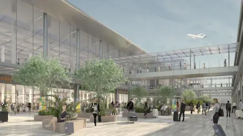 Artist’s impression of the proposed expanded London Luton Airport terminal, showing passengers in a bright concourse with shops, trees, glass walkways and an aircraft taking off above.