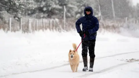 Danny Lawson/PA Wire A person walking their dog in the snow on the North York Moors.