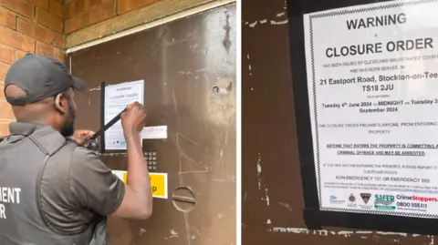 Enforcement officer tapes closure order to a door
