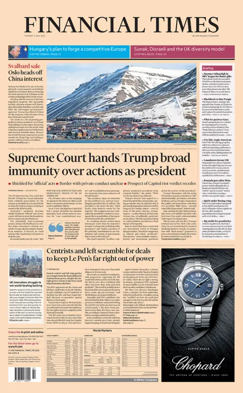 The headline in the Financial Times reads: "Supreme Court hands Trump broad immunity over actions as president". 