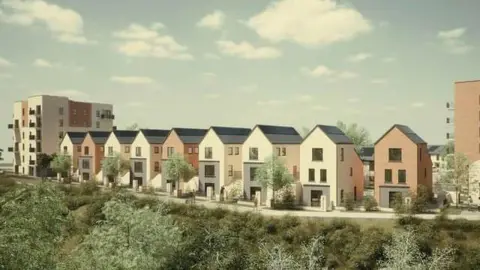 Placefirst Artist's impression of the Farringdon Row development. A number of three-storey detached houses stand next to each other with a six-storey apartment block visible on the far left. The properties overlook a grassy banked area.