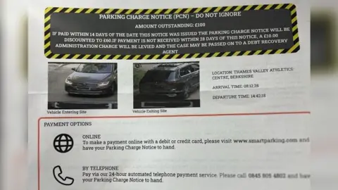 Parking fine letter sent in the post with two images of the car and details of how to pay the £100 fine.