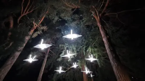 Westonbirt Arboretum Nine lit-up crane-shaped sculptures hang from fir trees at night at Westonbirt